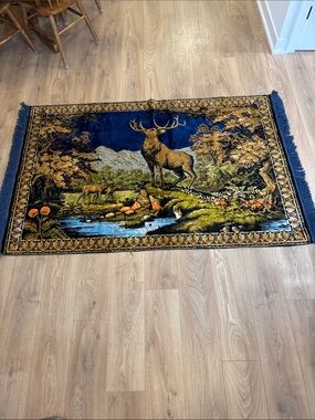 Vintage Stag & Deer Woodland Tapestry Rug – Blue Fringe – Approx. 4’ x 6’